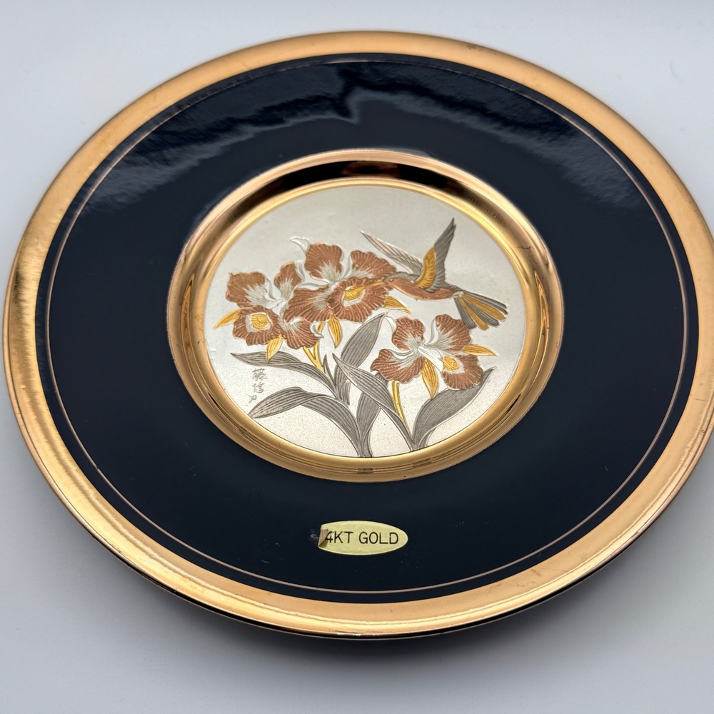 Art of Chokin Japanese Collector Plate 24KT Gold Edged Hummingbird Orchid 6.5in